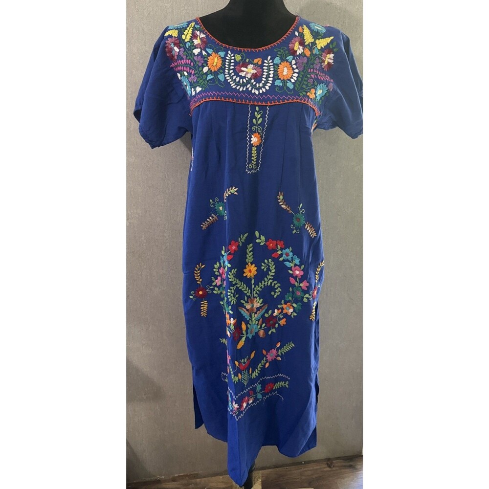 Hand Embroidered Floral Dress Blue Mexican Style Boho Peasant Midi Folk Art